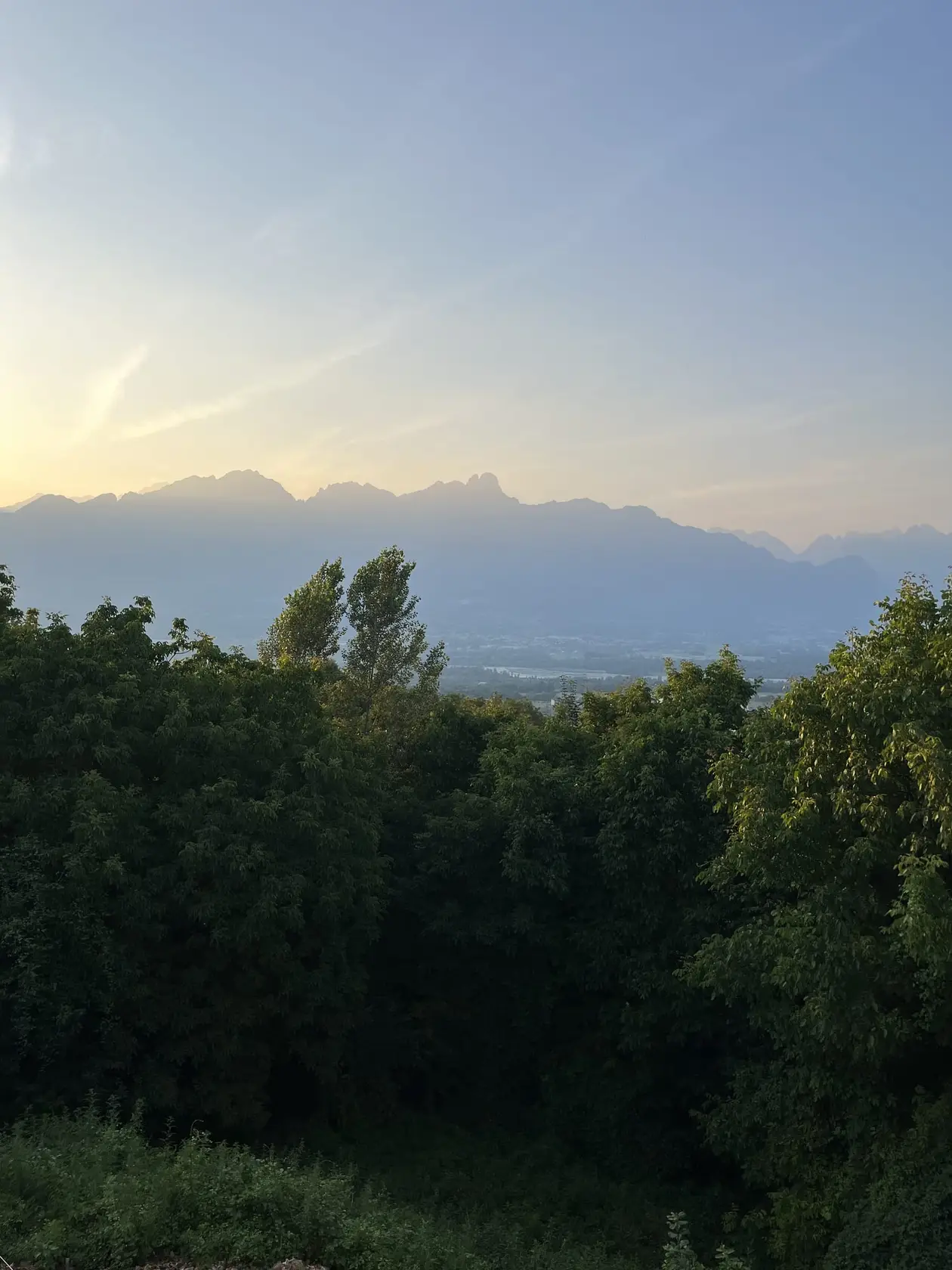 Blick über dichte Baumkronen hinunter in ein weites Tal, dahinter eine gezackte Bergkette im Dunst, links tief stehende Abendsonne