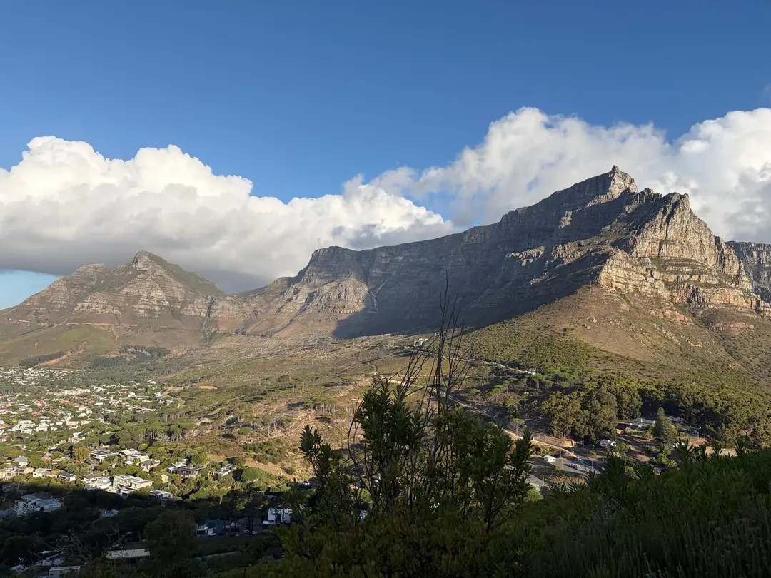 Blick vom Aufstieg des Lion's Head auf Kapstadt, den Atlantik und den Tafelberg in der Nachmittagssonne