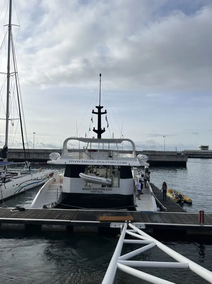 Weißes Ausflugsboot mit Beschriftung liegt im Hafen, im Hintergrund Segelboote
