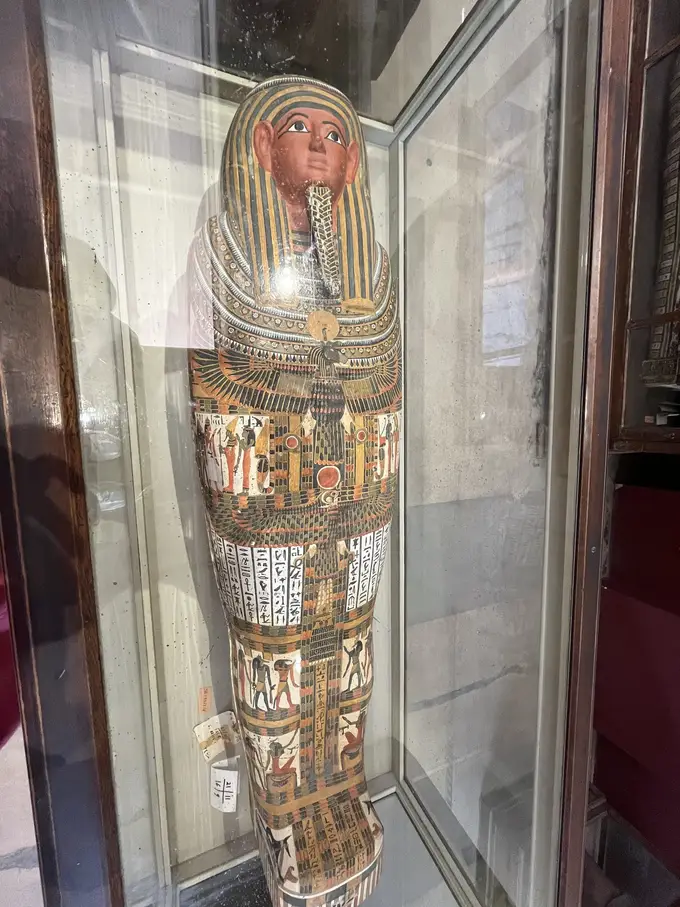 Ein farbig bemalter Holzsarg in Menschengestalt mit Gesicht, Perücke und Bildfeldern mit Göttern und Hieroglyphen, in einer Glasvitrine