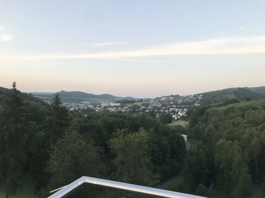Blick über ein bewaldetes Tal auf eine Ortschaft am Hang, im Vordergrund die Ecke eines Metallgeländers, der Himmel in Abendfarben