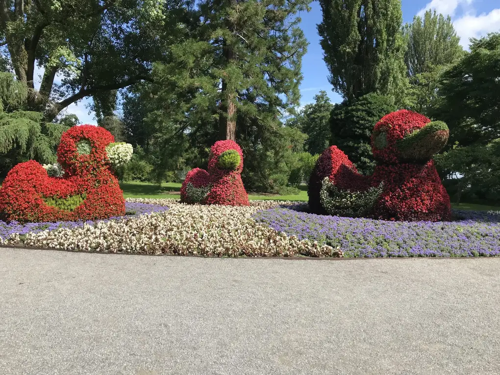 Große Entenfiguren aus roten und rosa Blumen in einem Beet aus lila und weißen Blüten, dahinter hohe Bäume