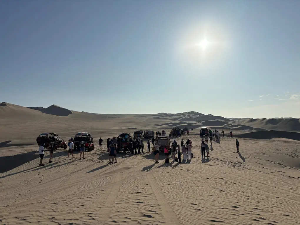 Viele Buggys und ihre Fahrgäste versammelt auf einem Dünenkamm, die Sonne steht hoch über der Wüste