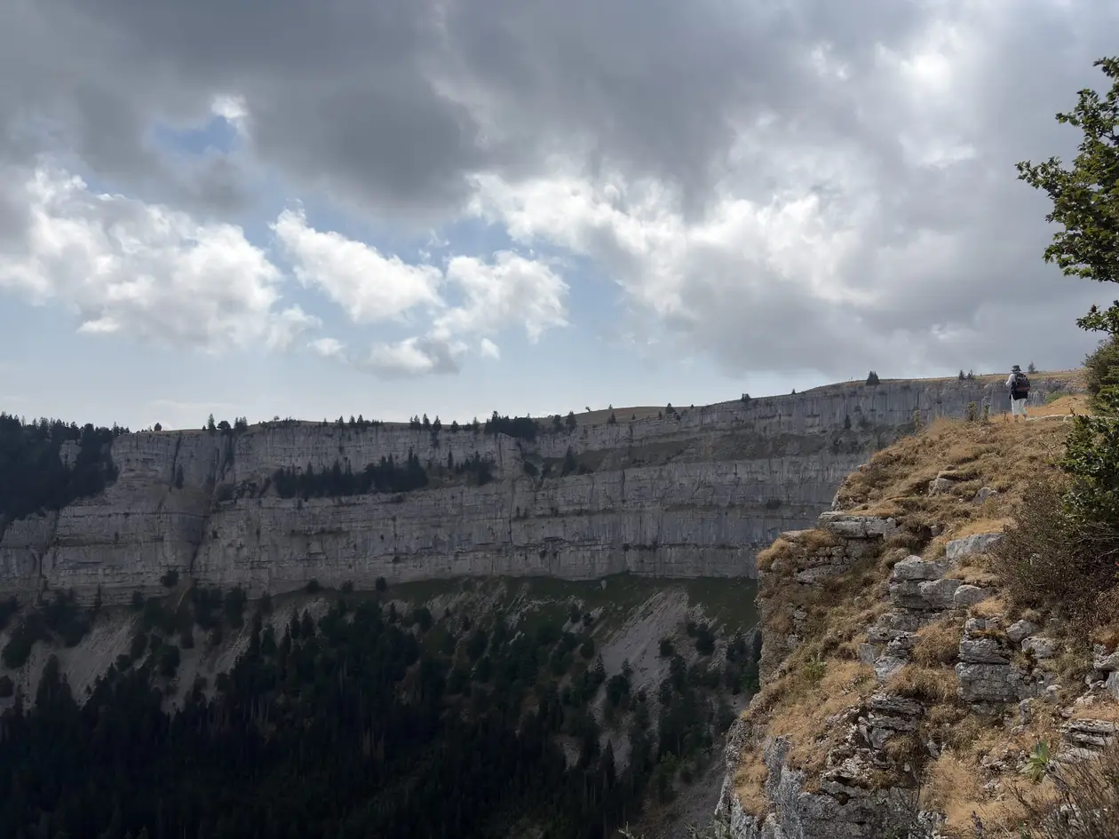 Blick von einer grasigen Felskante auf die langen Kalkwände des Creux du Van unter einem wolkigen Himmel