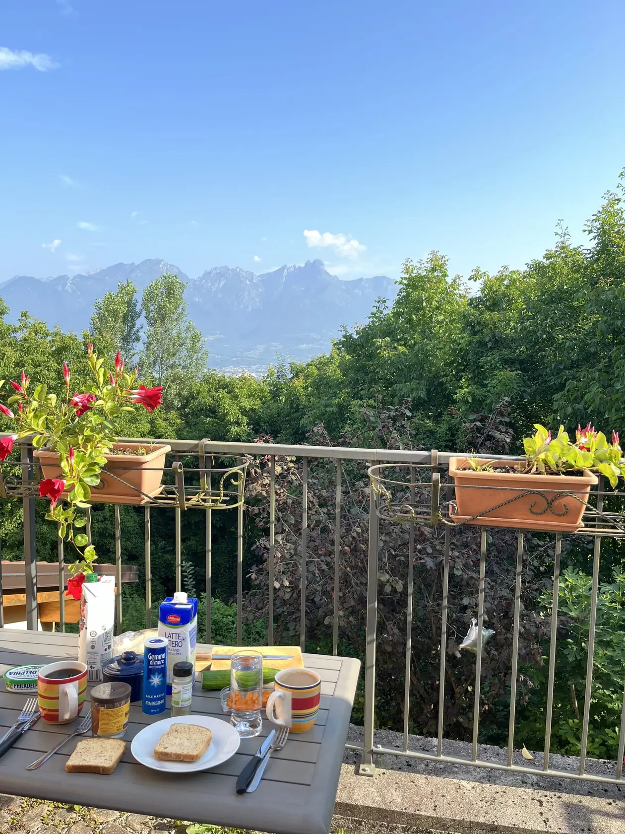 Gedeckter Frühstückstisch mit Toast, Kaffeetassen und Milch auf einer Terrasse mit Geländer und Blumenkästen, dahinter Bäume und eine Bergkette unter blauem Himmel