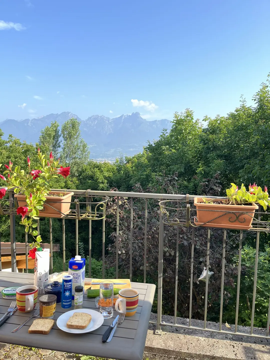 Gedeckter Frühstückstisch mit Toast, Kaffeetassen und Milch auf einer Terrasse mit Geländer und Blumenkästen, dahinter Bäume und eine Bergkette unter blauem Himmel