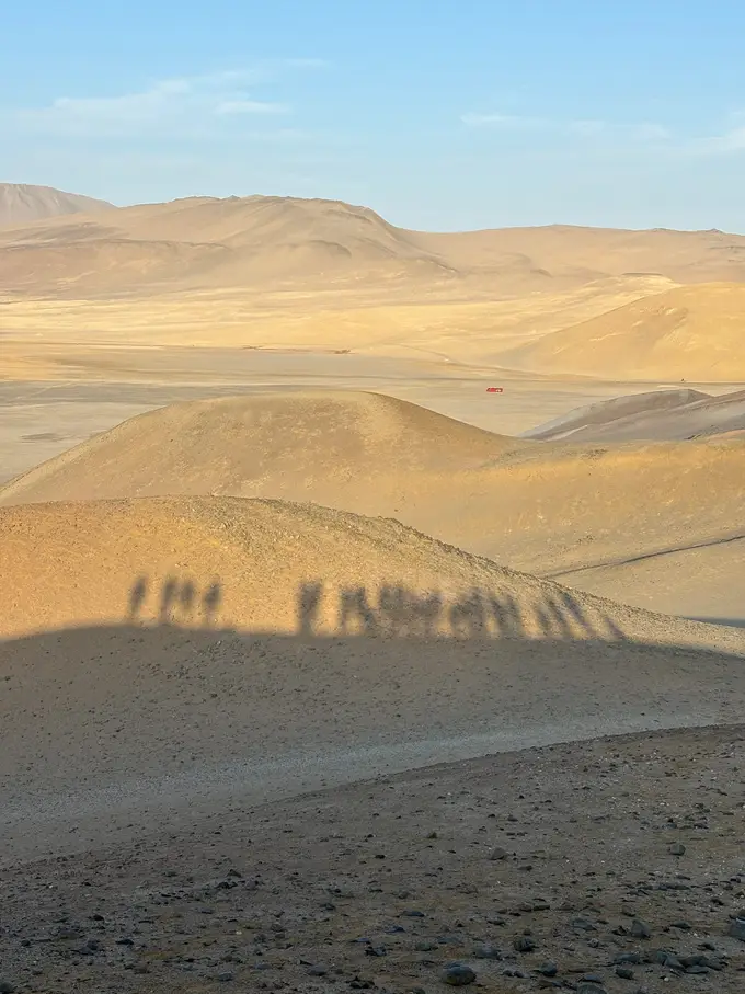 Die Schatten einer Reihe von Wandernden fallen lang auf einen goldgelben Sandhang, dahinter eine Wüste aus Hügeln