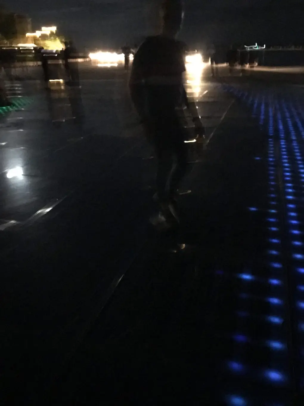 Nachts am Ufer blaue Lichtpunkte im Boden, davor eine Person von hinten, in der Ferne Lichter