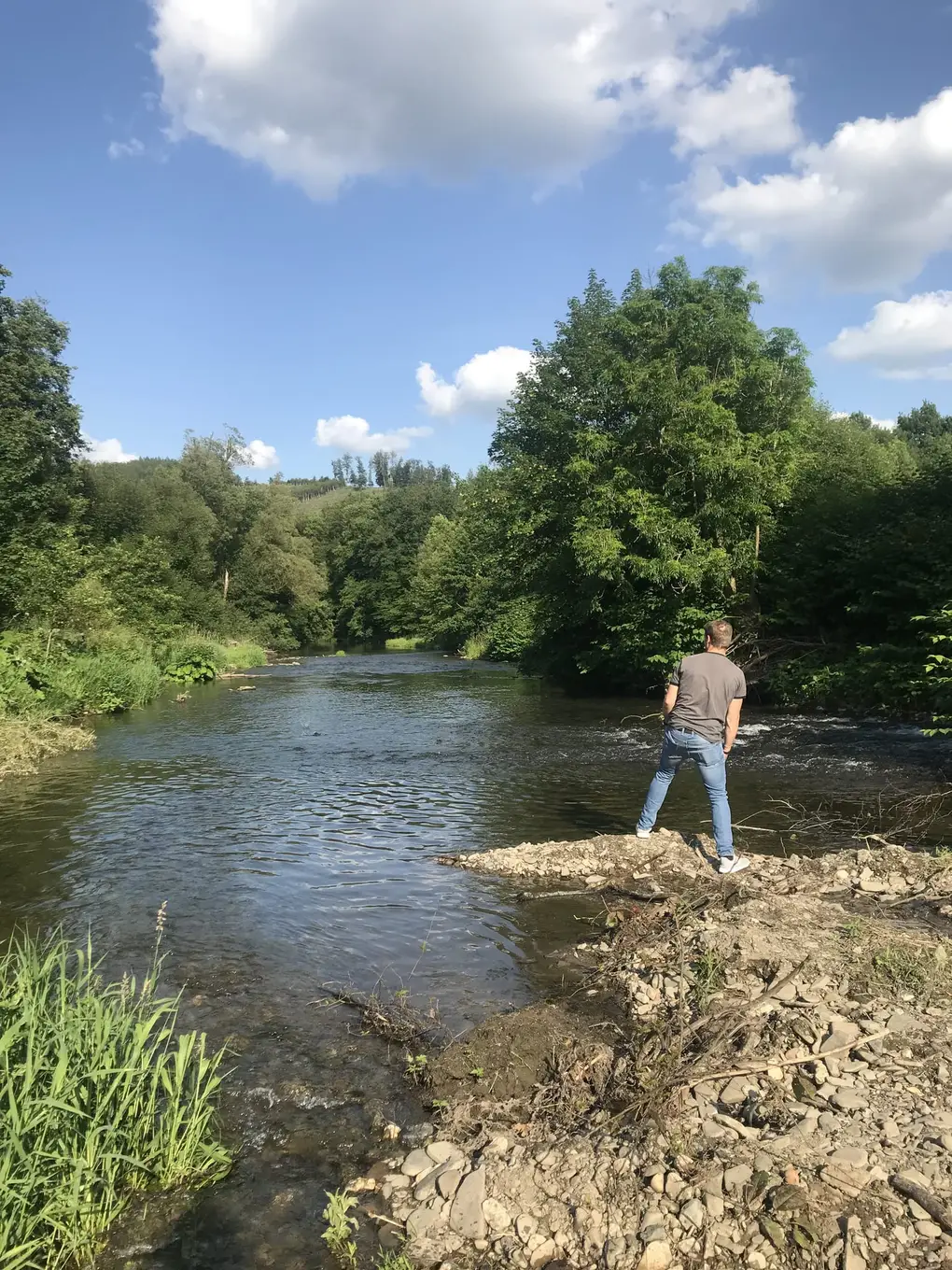 Max steht von hinten gesehen auf einer Kiesbank am Ufer der Ruhr und schaut über den Fluss, beide Ufer sind dicht mit Bäumen bewachsen