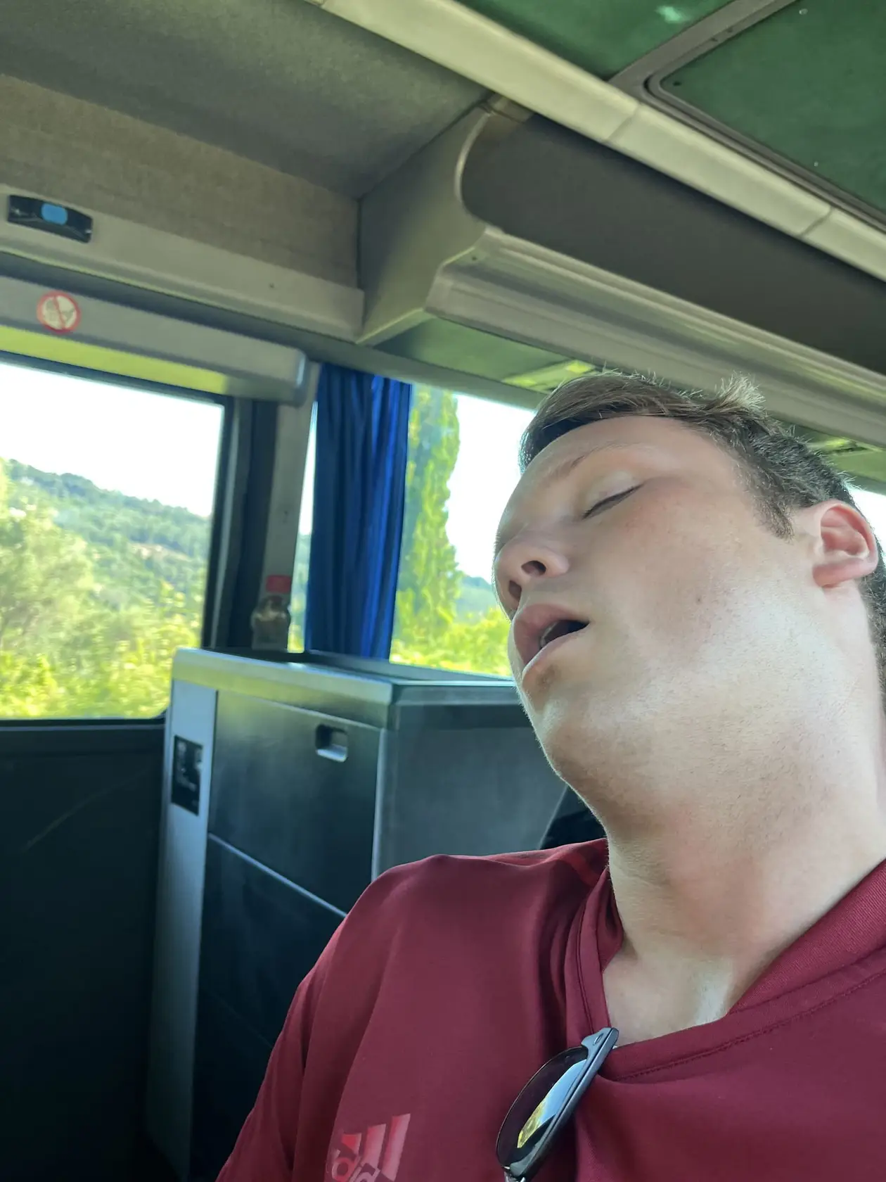 Max schläft mit offenem Mund und zurückgelegtem Kopf auf dem Sitz eines Linienbusses, draußen grüne Hänge