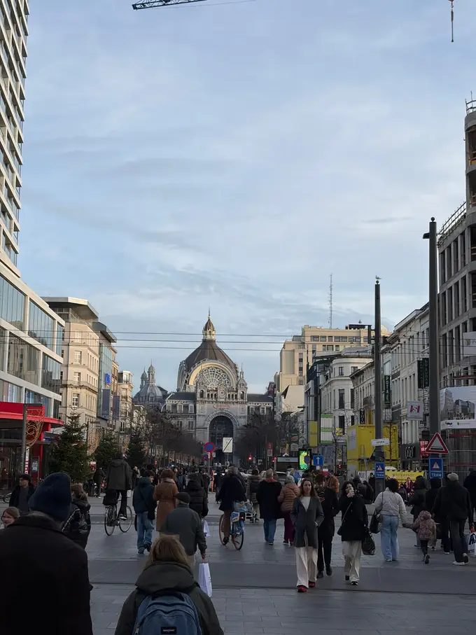 Belebte Fußgängerzone mit Weihnachtsbäumen und Geschäften, am Ende der Straße die Kuppel des Bahnhofs Antwerpen-Centraal