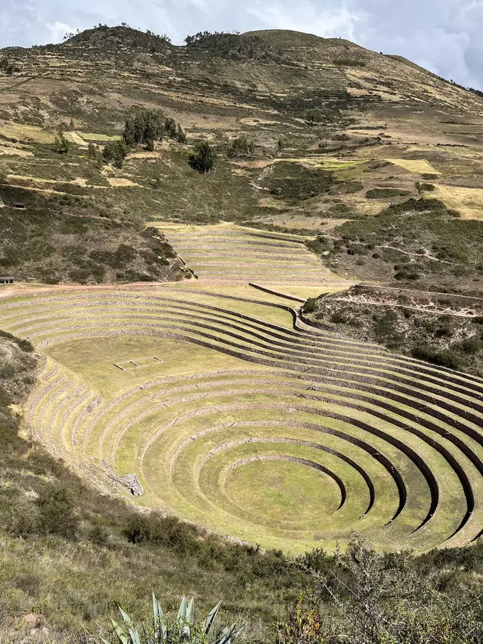 Konzentrische Terrassenringe von Moray in einer grünen Senke, dahinter ein trockener Hügel mit Feldern