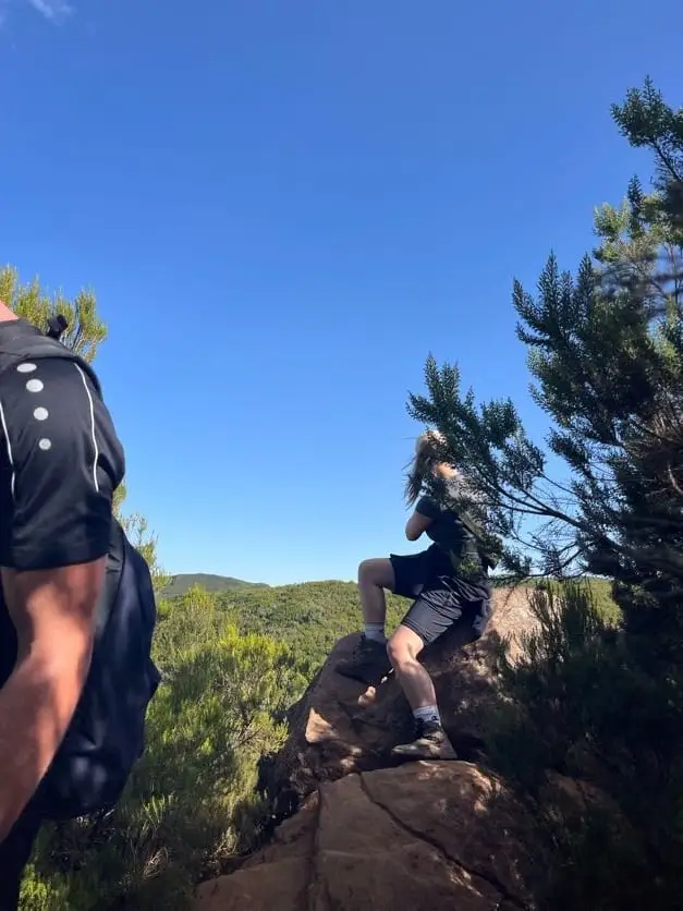 Eine Person mit Rucksack balanciert auf einem Felsen zwischen dichten Nadelbäumen, im Hintergrund blauer Himmel