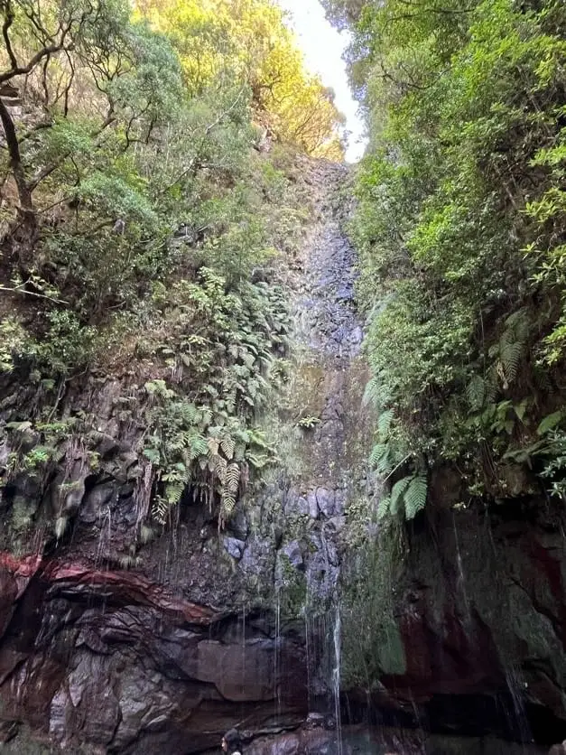 Eine Person mit Käppi steht in einer engen Felsschlucht direkt vor einem hohen schmalen Wasserfall