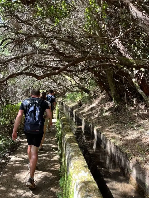 Ein Wanderer mit Rucksack geht auf einem schmalen Pfad neben einer gemauerten Wasserrinne, überdacht von Ästen