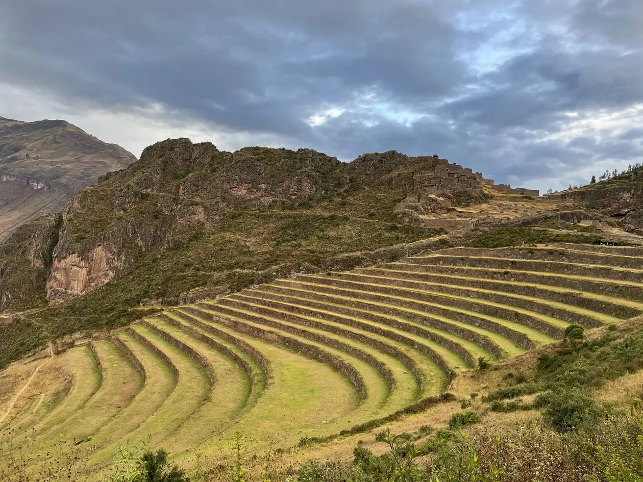 Geschwungene grüne Terrassen an einem Berghang bei Pisac, dahinter Felsen und Berge unter Wolken im Abendlicht