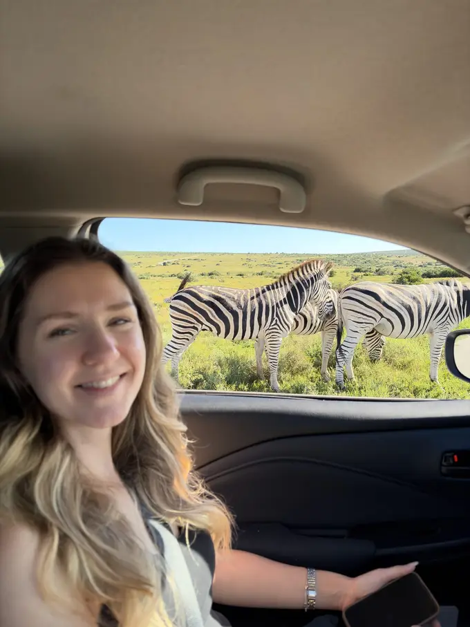Rebecca lächelt im Auto, durch das Fenster sind mehrere Zebras auf der Wiese zu sehen