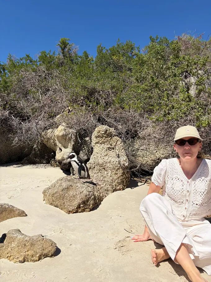 Rebecca sitzt im hellen Kleid auf Felsen, direkt neben ihr ein Pinguin