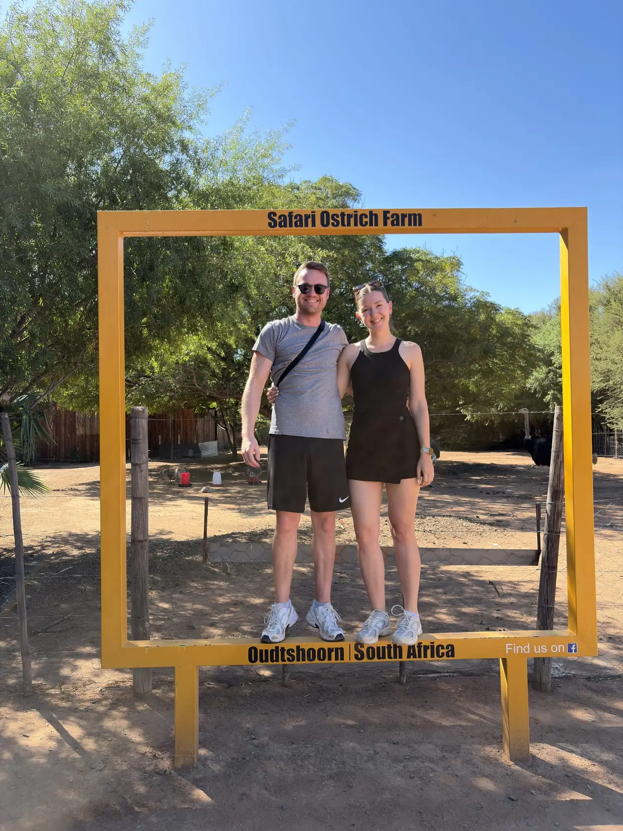 Max und Rebecca stehen in einem gelben Holzrahmen mit der Aufschrift Safari Ostrich Farm, Oudtshoorn South Africa