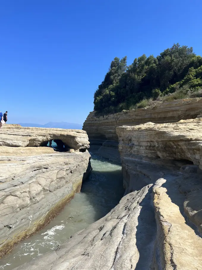 Ein enger Wasserkanal zwischen zwei ausgewaschenen Sandsteinwänden, oben Bäume