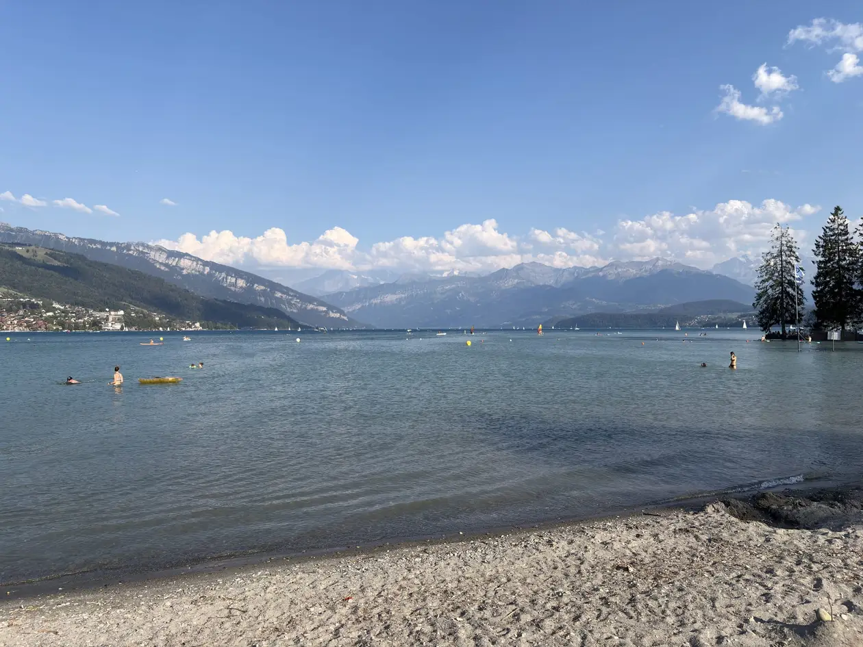 Ein Kiesstrand am Thunersee mit Badenden im Wasser, dahinter bewaldete Ufer und die Berge des Berner Oberlands