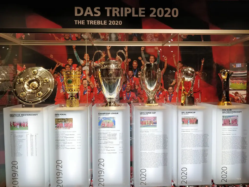 Vitrine im FC Bayern Museum unter der Überschrift „Das Triple 2020“ mit Meisterschale, DFB-Pokal, Champions-League-Pokal und weiteren Trophäen vor einem Mannschaftsfoto