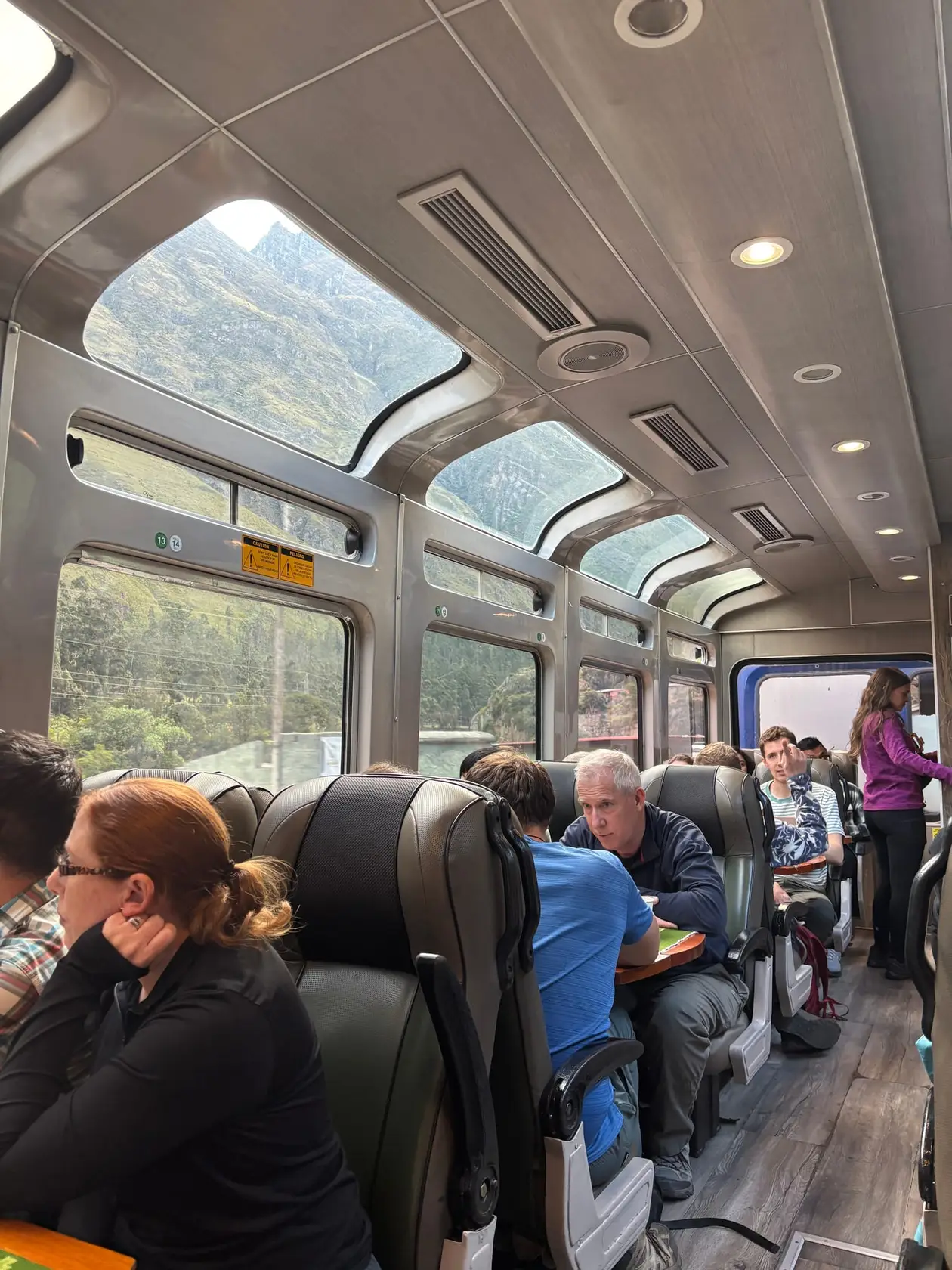 Innenraum eines Zugwagens mit Ledersitzen, Tischen und Panoramafenstern bis ins Dach, draußen grüne Berghänge