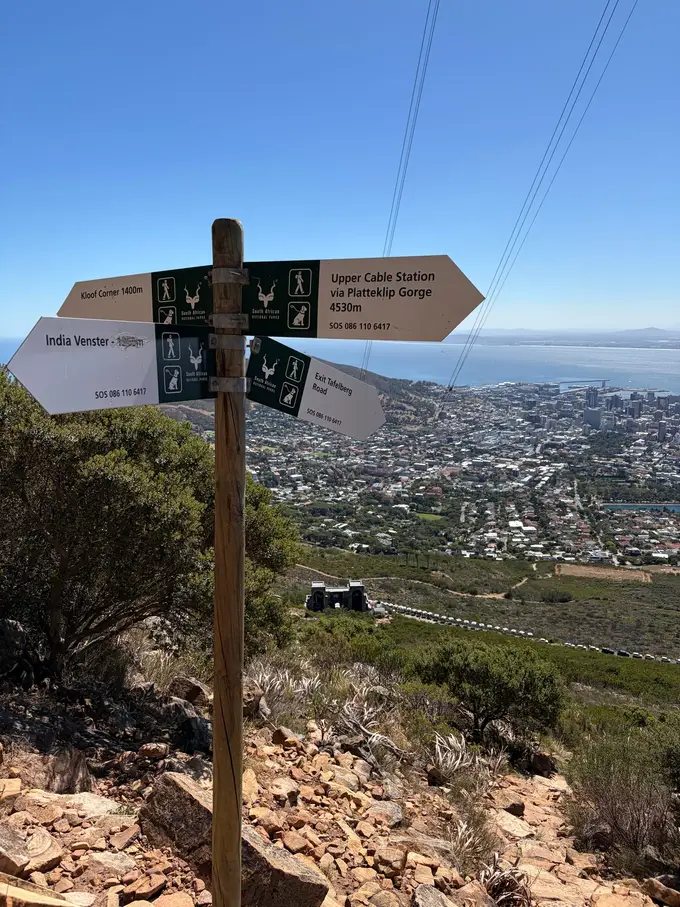 Ein Wegweiser auf dem Tafelberg zeigt Richtungen zu Kloof Corner, India Venster und zur Upper Cable Station über Platteklip Gorge